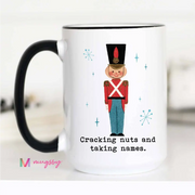 Cracking Nuts Funny Christmas Mug Coffee Mug: Black Rim / 15oz