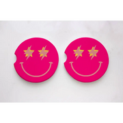 Neon Pink Happy Face Car Coasters - Car Coaster