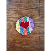 Punch Needle Hand-made Car Coasters: Rainbow Stripe w Red Heart - Car Coaster